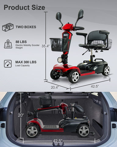 45 Mile Range Travel Foldable Mobility Scooters For Adults,Mirage S1 ,Red