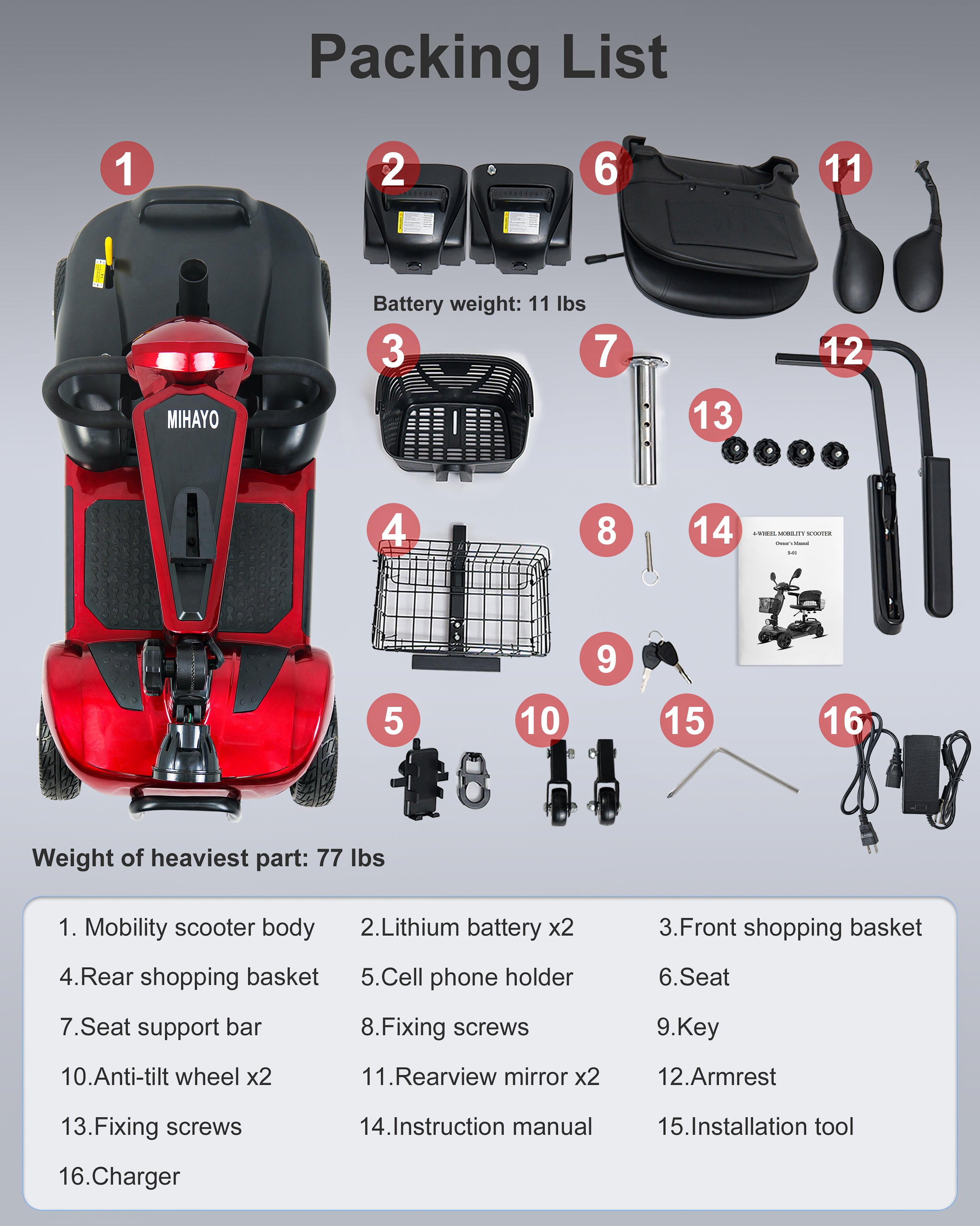 45 Mile Range Travel Foldable Mobility Scooters For Adults,Mirage S1 ,Red